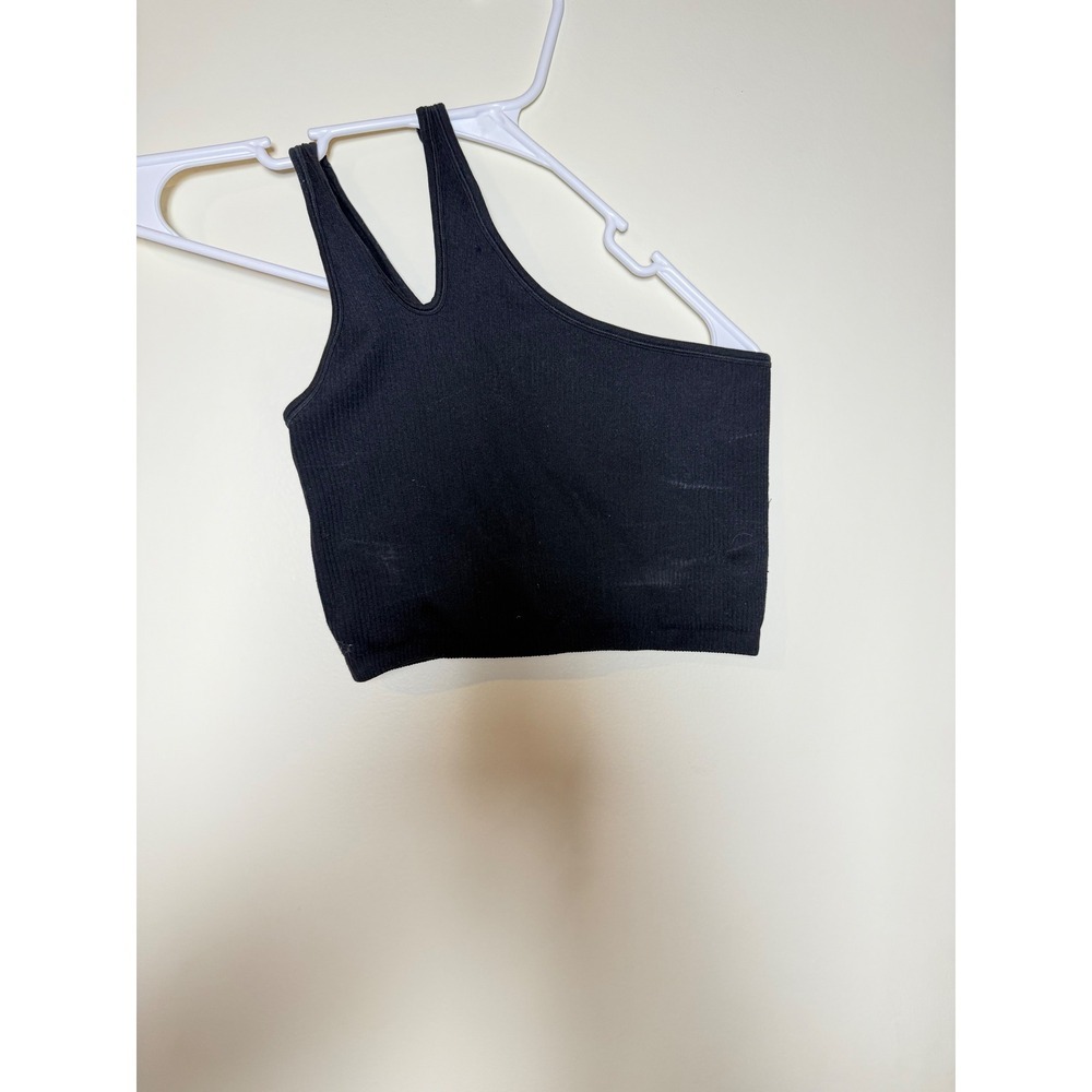 OFFLINE by Aerie Black Ribbed Asymmetric One Shoulder Crop Top Tank Small